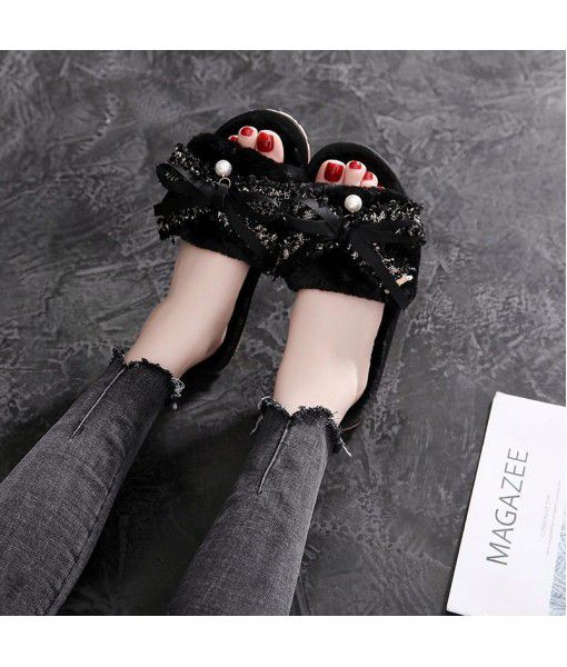 Spring new Korean plush cotton slippers women's Non Slip bowknot plush slippers warm indoor flip flops