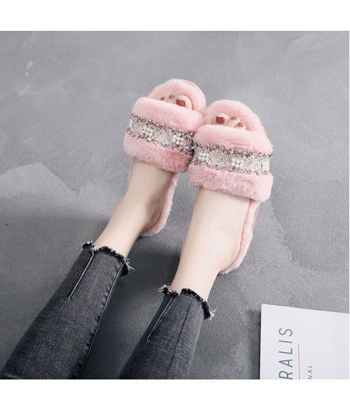 Korean version flat bottom Plush outside wearing autumn and winter shoes and slippers fashion 2018 new autumn net red one word slippers