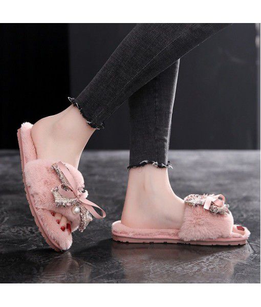 Spring new Korean plush cotton slippers women's Non Slip bowknot plush slippers warm indoor flip flops