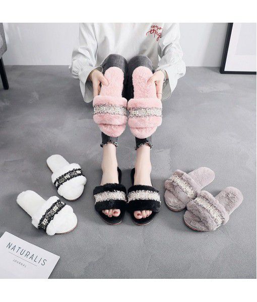 Korean version flat bottom Plush outside wearing autumn and winter shoes and slippers fashion 2018 new autumn net red one word slippers