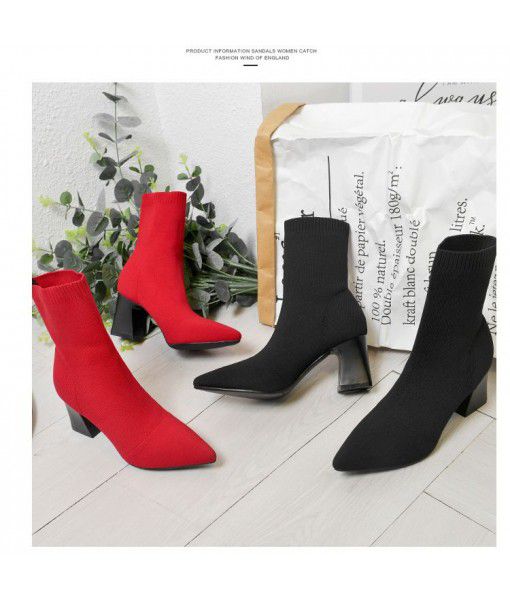 New style popular European and American thick heels fashion pointed socks and boots in autumn and winter 2019 knitted elastic boots women's shoes show thin boots
