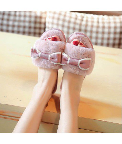 Korean handmade bow cotton shoes, fur one body warm overshoes, antiskid and wear-resistant cow tendon bottom plush cotton shoes
