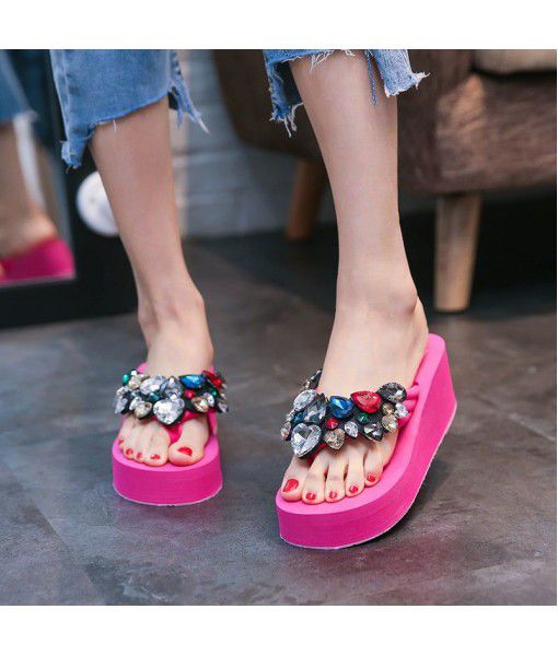 Beach Holiday wear sandals, water diamonds, all kinds of antiskid women's shoes, middle heel slope and casual elastic cloth lady sandals