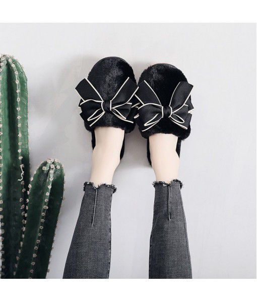Factory direct sales bow girls' slippers fashion home Plush winter women's slippers plush slippers wholesale
