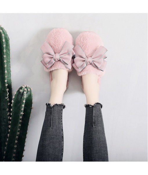 Factory direct sales bow girls' slippers fashion home Plush winter women's slippers plush slippers wholesale
