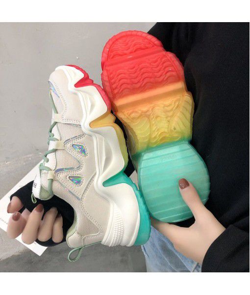 Spring and summer 2020 new rainbow bottom dad shoes breathable mesh casual thick bottom sports shoes net red all-around single shoe woman
