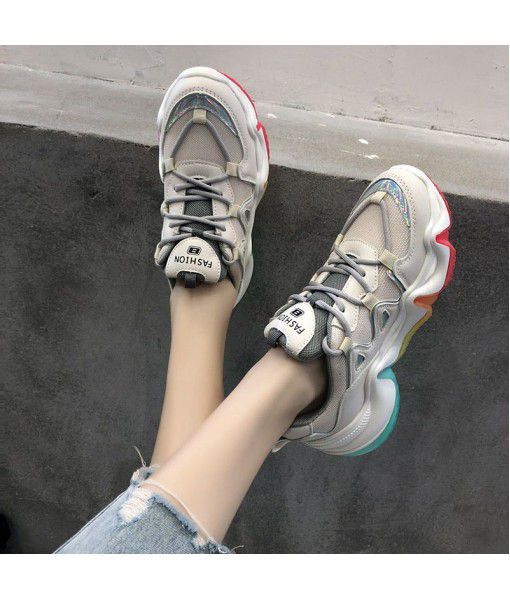 Spring and summer 2020 new rainbow bottom dad shoes breathable mesh casual thick bottom sports shoes net red all-around single shoe woman