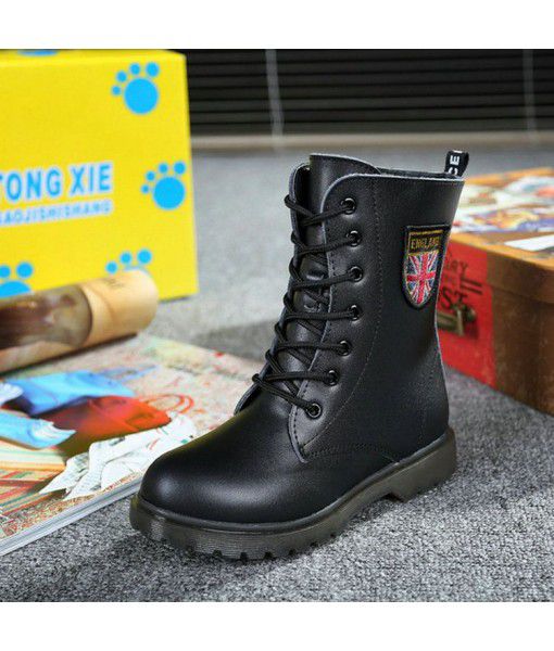 Children's boots, boy's Martin boots, leather, spring and autumn black single boots, girl's boots, plush high top middle and large children's army boots