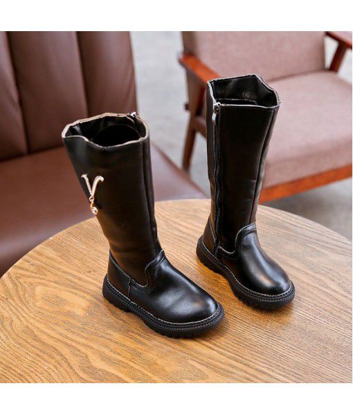 Children's leather boots girls' Plush boots new water drill boots princess shoes fashion trend in 2019 winter