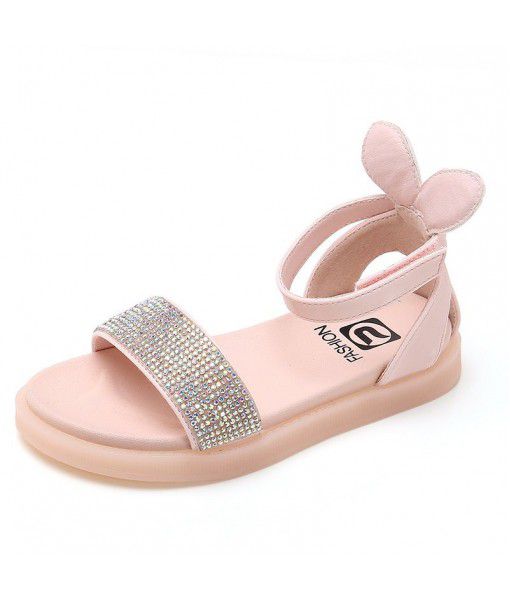 Girls' Rhinestone sandals 2020 summer new children's lovely rabbit ears soft bottom little girls' sandals wholesale