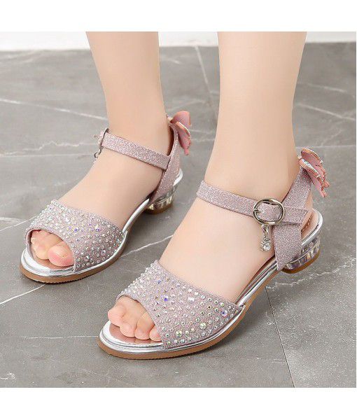 Girls' shoes 2020 summer new girls' sandals butterfly small high heels princess shoes children's dance shoes factory direct sales