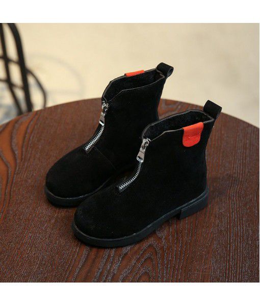 Children's short boots girls' autumn and winter 2017 children's shoes new retro middle tube boots front zipper Plush boys' riding boots