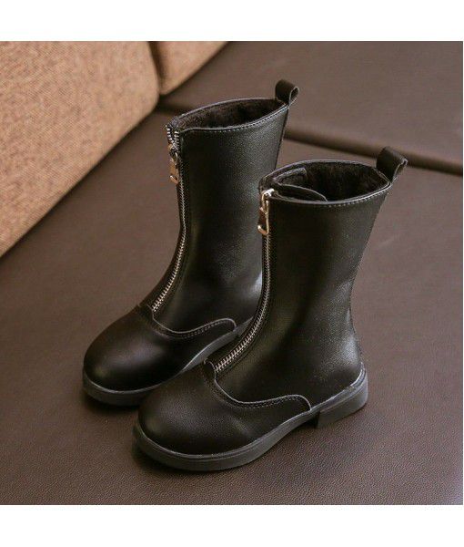 New style children's leather boots with front zipper in autumn and winter 2019