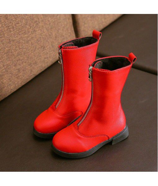 New style children's leather boots with front zipper in autumn and winter 2019
