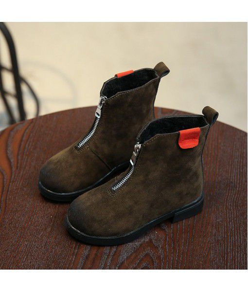 Children's short boots girls' autumn and winter 2017 children's shoes new retro middle tube boots front zipper Plush boys' riding boots
