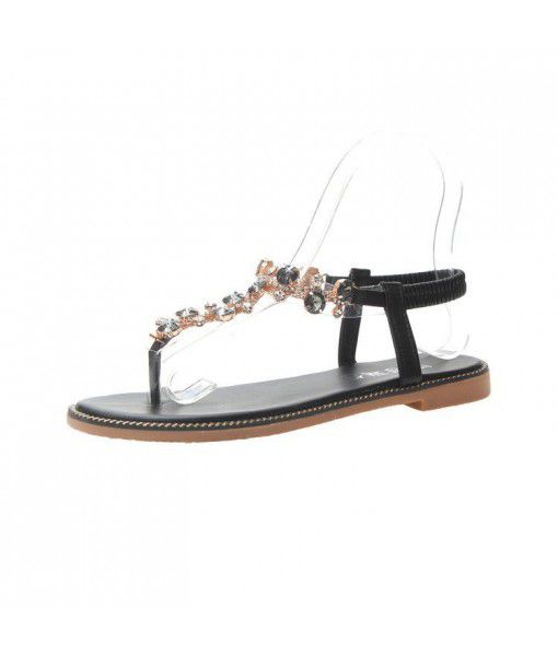 2020 summer new style flat heel flat bottom Roman style Rhinestone FAIRY FASHION herringbone clip toe elastic sandals