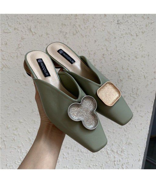Summer 2019 new Fangtou shallow mouth square buckle comfortable all-around wear low heel Muller shoes fairy half slipper women's shoes