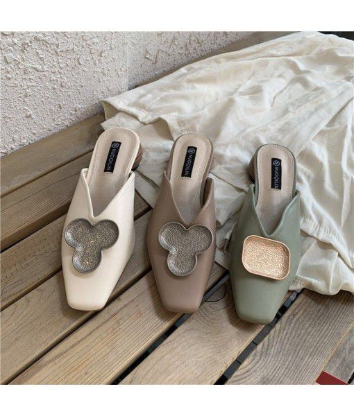 Summer 2019 new Fangtou shallow mouth square buckle comfortable all-around wear low heel Muller shoes fairy half slipper women's shoes