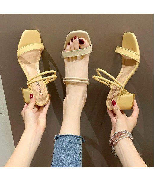 2020 new style thick heel summer one word belt two wear cool half trawl red versatile middle heel French fairy high heels