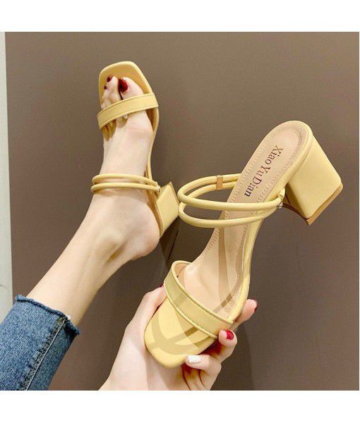 2020 new style thick heel summer one word belt two wear cool half trawl red versatile middle heel French fairy high heels
