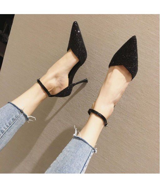 6268-1 thin heel hollow pointed head one word wedding shoes with banquet single night club Sequin Baotou high heel sandals Bridesmaid