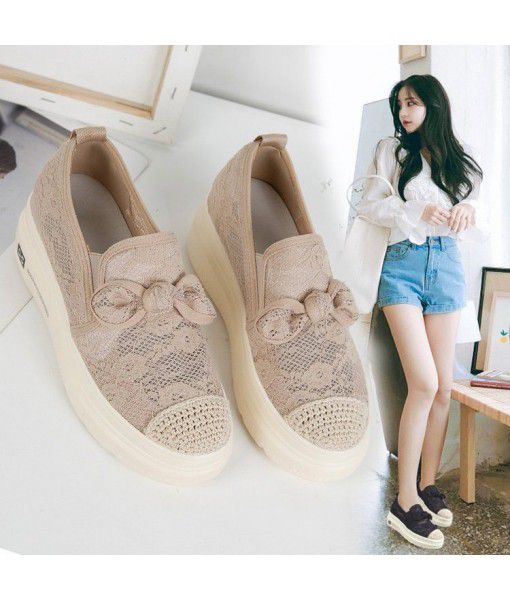 Lefu shoes women's new 2019 summer mesh shoes with breathable mesh, straw plait, bow tie, thick bottom, lazy fisherman's shoes