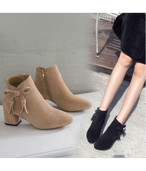 Frosted high-heeled short boots women's fringe boots autumn and winter 2019 new Korean coarse heeled women's high-heeled shoes