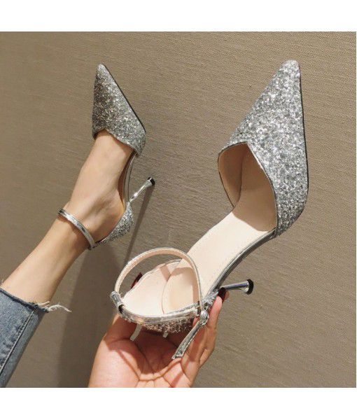 6268-1 thin heel hollow pointed head one word wedding shoes with banquet single night club Sequin Baotou high heel sandals Bridesmaid