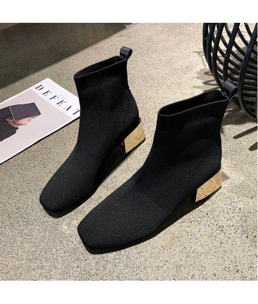 Socks and boots autumn and winter 2019 new thin and thin boots elastic boots women's middle tube socks and boots wool knitting thick heel middle heel