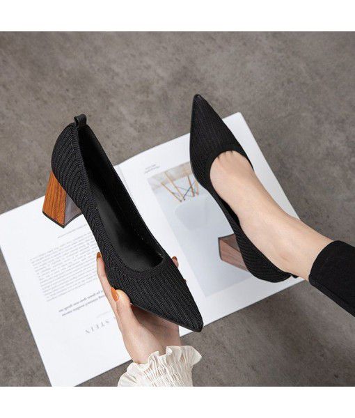Spring 2020 new all-in-one fairy black pointed light mouth high heel knitting thick heel small fragrant pointed single shoes