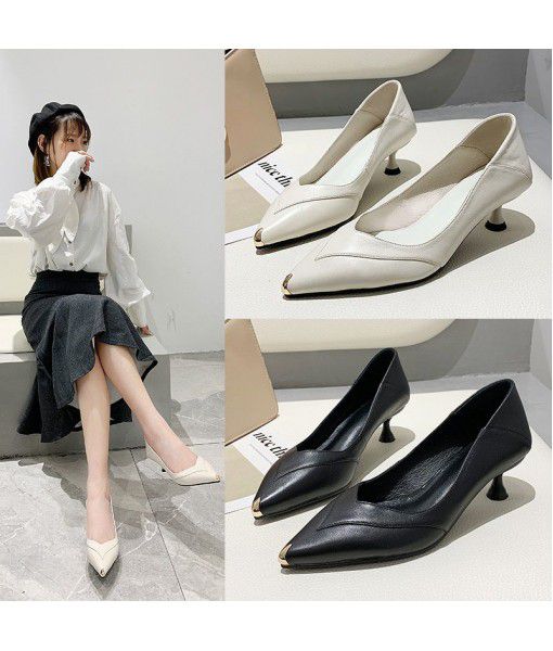 Sheepskin Single shoes women's new leather high heel French style shoes in spring 2020