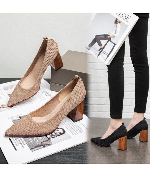 Spring 2020 new all-in-one fairy black pointed light mouth high heel knitting thick heel small fragrant pointed single shoes