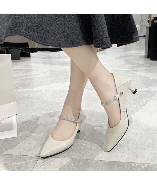 First layer sheepskin high-heeled shoes women 2020 spring new European and American Leather pointed water drill fashion shoes a hair substitute