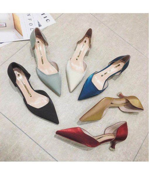 820-0 Korean version 2020 spring a party party for women's high heel hollow shallow mouth thin heel square mouth 5cm single shoe