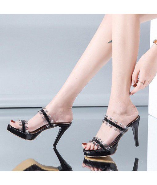 2020 summer new high-heeled shoes waterproof platform thin heeled slippers sexy rivets transparent fashion wear women's sandals
