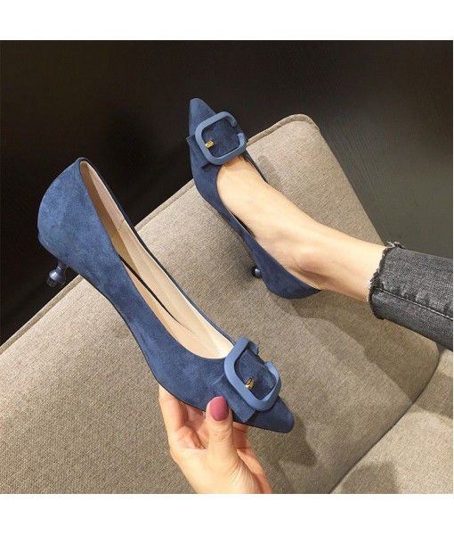 A45-2 high heels women's 2020 spring new fashion black light mouth pointed thin heel middle heel commuter buckle single shoe