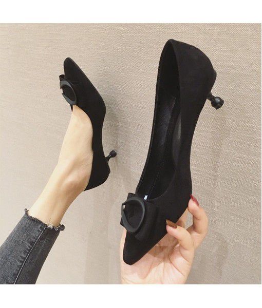 A45-5 high heels women's 2020 spring new fashion black light mouth pointed thin heel middle heel commuter buckle single shoe