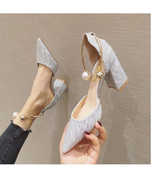 Single shoes women's new fashion sandals in spring and summer 2020 beading thick heel shallow mouth versatile side air Sequin high heels