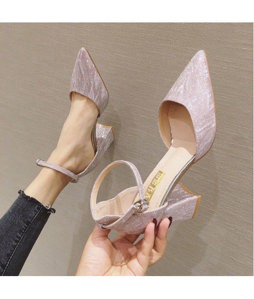 Single shoes women's new fashion sandals in spring and summer 2020 beading thick heel shallow mouth versatile side air Sequin high heels
