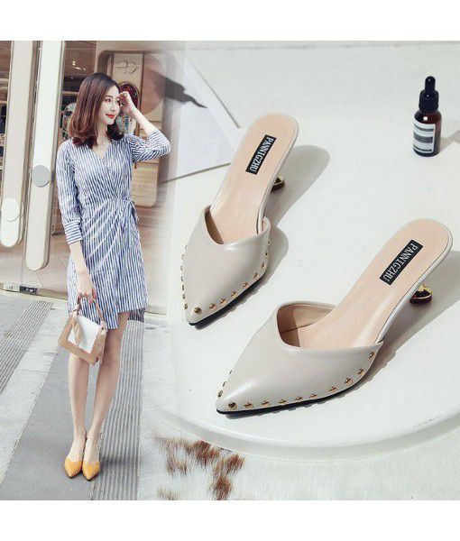 Slippers women's 2020 summer new half drag pointed rivet sandals thin heel middle heel fashionable women's shoes