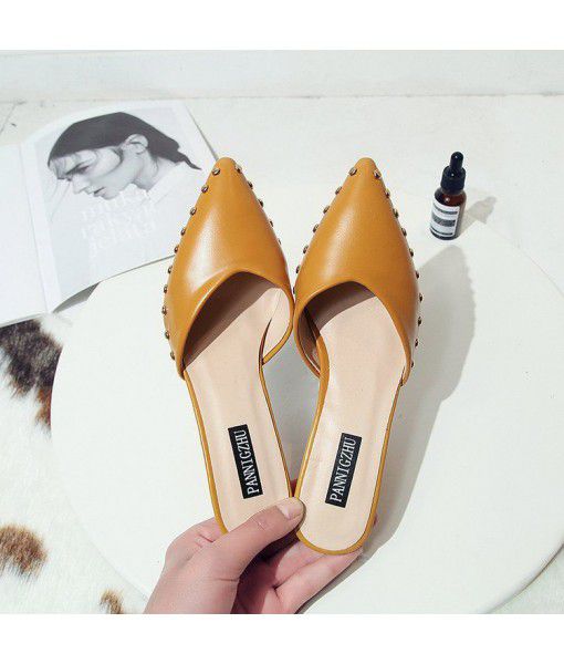 Slippers women's 2020 summer new half drag pointed rivet sandals thin heel middle heel fashionable women's shoes