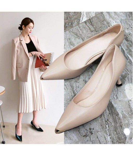 First layer cow leather high-heeled shoes women's new anti-collision shoes in spring 2020 French pointed leather shoes for women