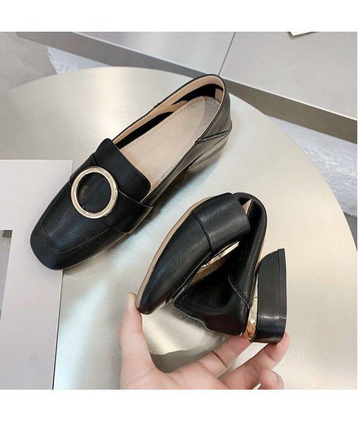 2020 new spring women's shoes net red temperament thick heel leather black single shoes women's spring and autumn versatile soft leather Lefu shoes