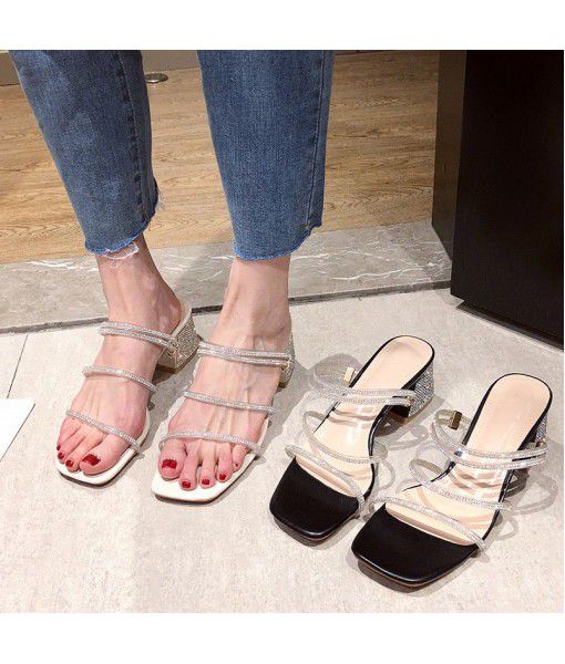 RV sandals 295-1 Rhinestone sandals 2020 summer new versatile Rhinestone chunky heel square size 34-42