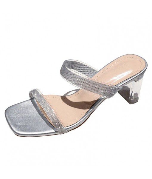 1855-2 Crystal High Heels Sandals 2020 summer new Rhinestone chunky heel square size 34-40
