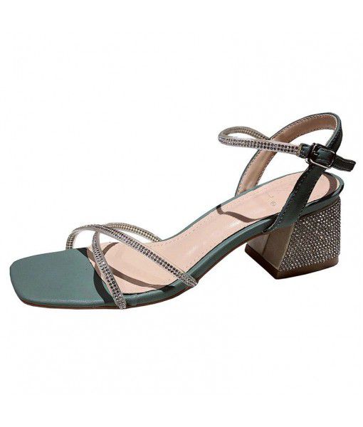 RV sandals 295-3 Rhinestone sandals 2020 summer new versatile Rhinestone chunky heel square size 34-42