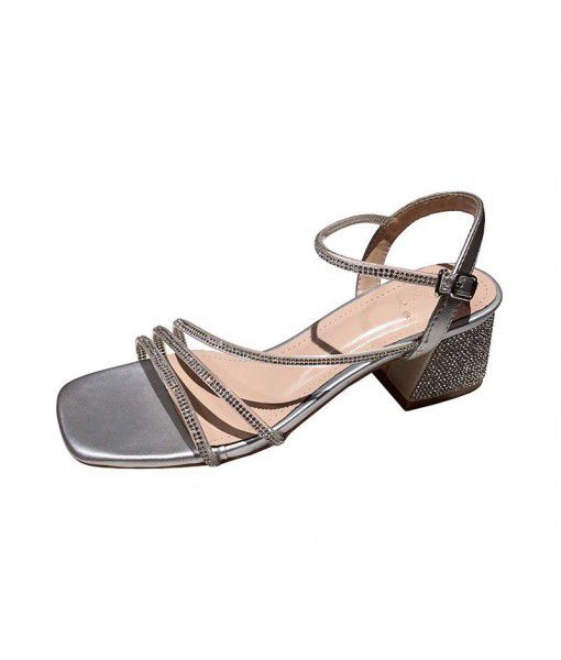 RV sandals 295-8 Rhinestone sandals 2020 summer new versatile Rhinestone chunky heel square size 34-42