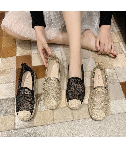 2020 summer straw woven fisherman's shoes women's flat sole old Beijing cloth shoes lace mesh hollow one foot lazy single shoes