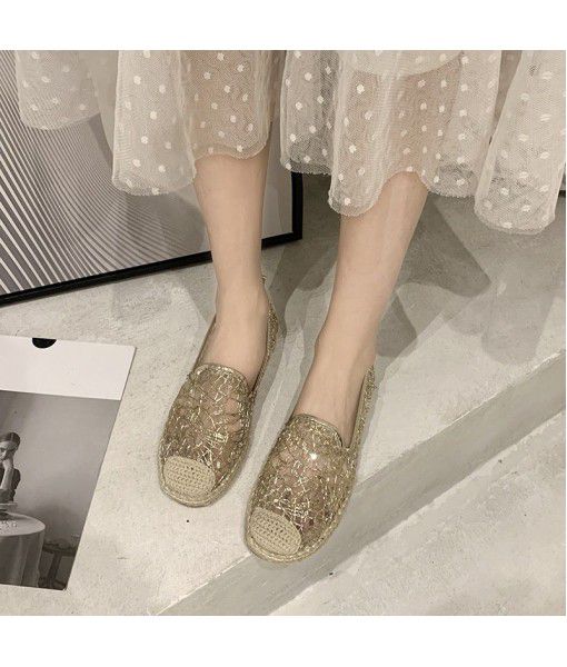 2020 summer straw woven fisherman's shoes women's flat sole old Beijing cloth shoes lace mesh hollow one foot lazy single shoes