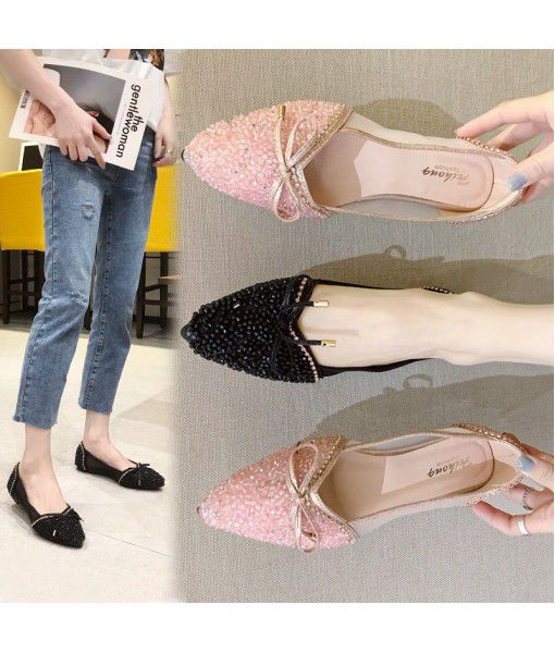 Net red single shoes women 2020 new Korean water drill point shallow mouth bow casual flat shoes social Doudou shoes
